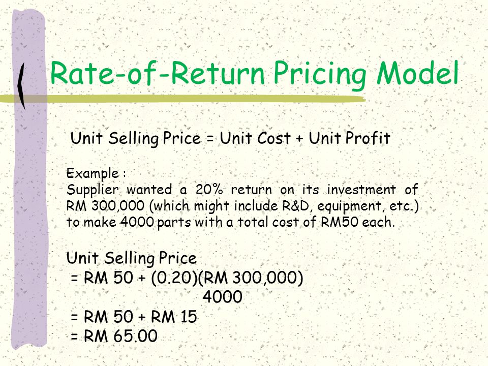 Rate-of-Return Pricing Model Unit Selling Price = Unit Cost + Unit Profit Example : Supplier wanted a 20% return on its investment of RM 300,000 (which might include R&D, equipment, etc.) to make 4000 parts with a total cost of RM50 each.