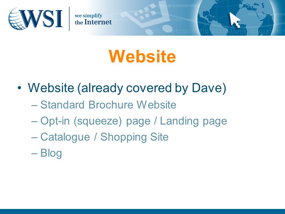 Website Website (already covered by Dave) –Standard Brochure Website –Opt-in (squeeze) page / Landing page –Catalogue / Shopping Site –Blog