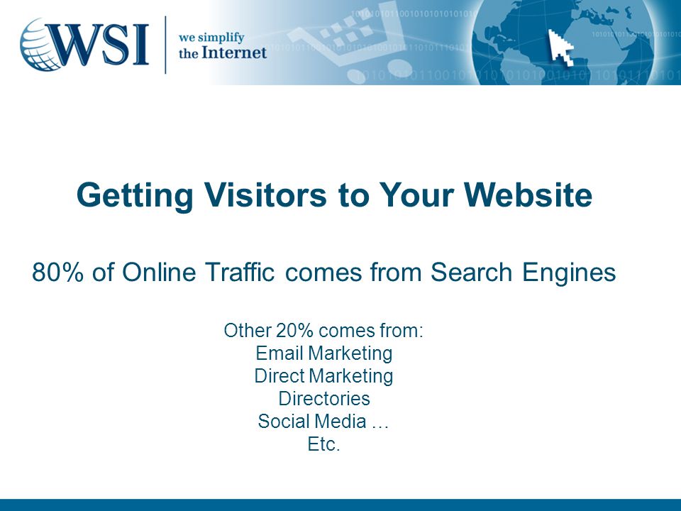 Getting Visitors to Your Website 80% of Online Traffic comes from Search Engines Other 20% comes from:  Marketing Direct Marketing Directories Social Media … Etc.