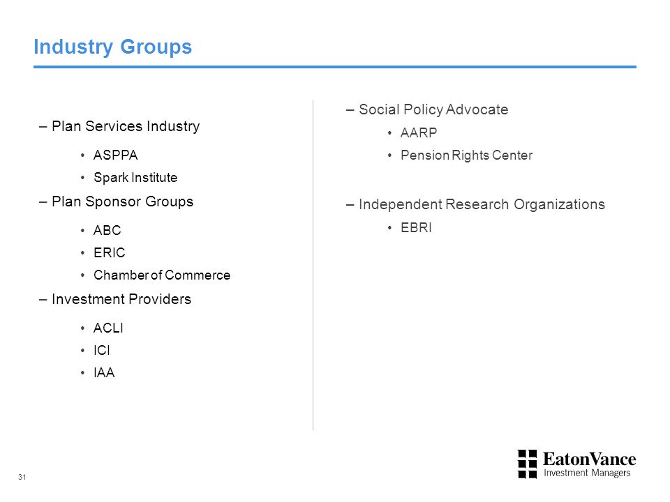 Industry Groups –Social Policy Advocate AARP Pension Rights Center –Independent Research Organizations EBRI 31 –Plan Services Industry ASPPA Spark Institute –Plan Sponsor Groups ABC ERIC Chamber of Commerce –Investment Providers ACLI ICI IAA