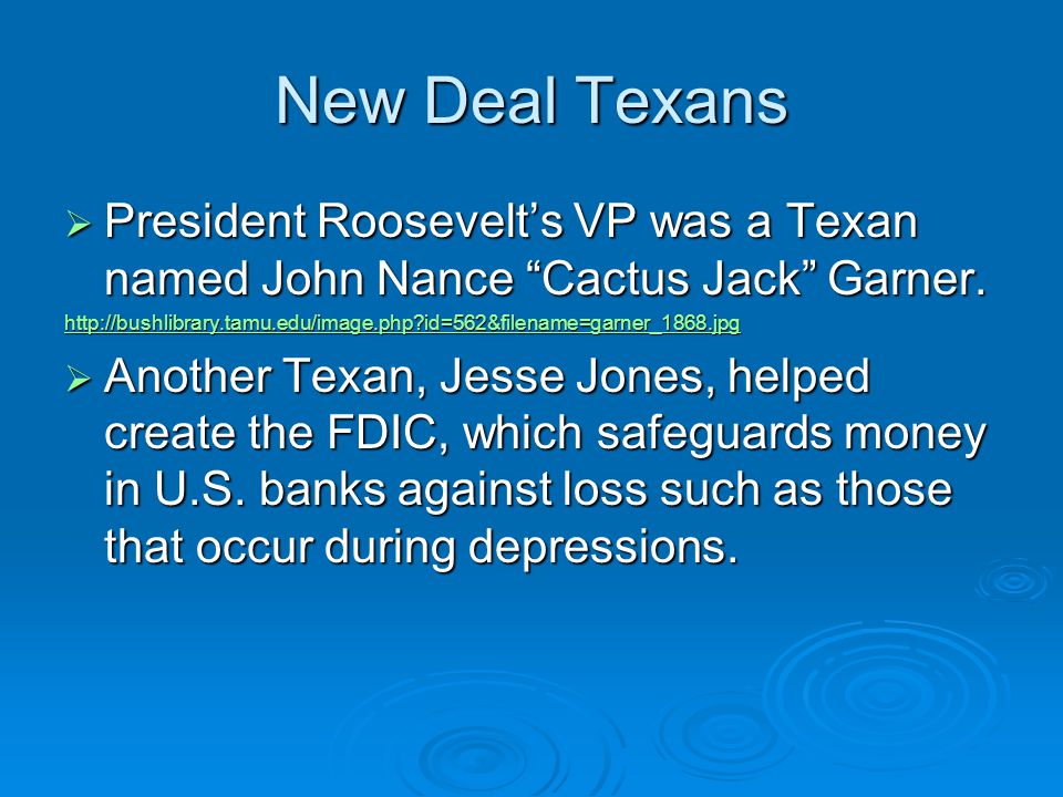 New Deal Texans  President Roosevelt’s VP was a Texan named John Nance Cactus Jack Garner.