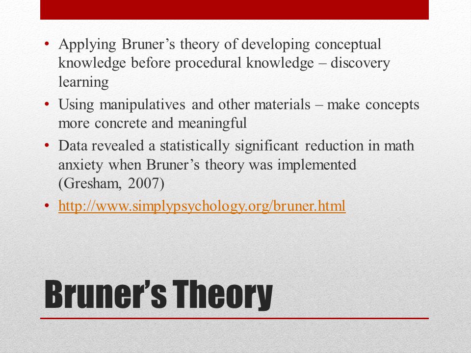 Bruner’s Theory Applying Bruner’s theory of developing conceptual knowledge before procedural knowledge – discovery learning Using manipulatives and other materials – make concepts more concrete and meaningful Data revealed a statistically significant reduction in math anxiety when Bruner’s theory was implemented (Gresham, 2007)