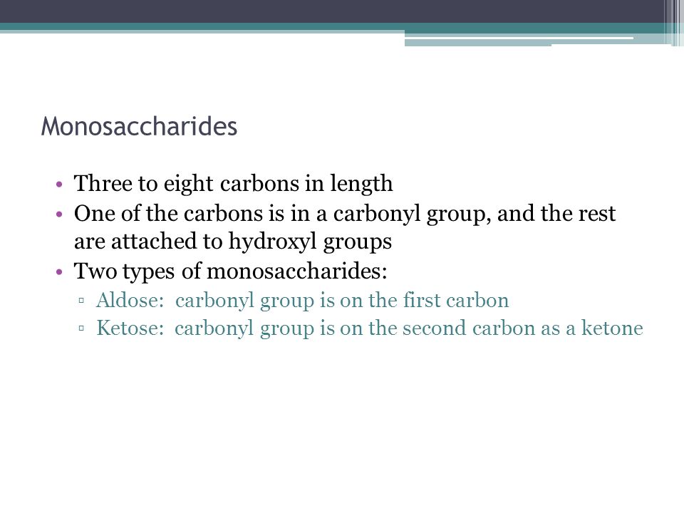 Monosaccharides Three to eight carbons in length One of the carbons is in a carbonyl group, and the rest are attached to hydroxyl groups Two types of monosaccharides: ▫Aldose: carbonyl group is on the first carbon ▫Ketose: carbonyl group is on the second carbon as a ketone