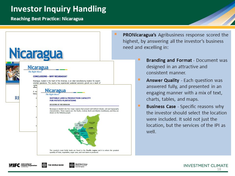  PRONicaragua’s Agribusiness response scored the highest, by answering all the investor’s business need and excelling in: Investor Inquiry Handling Reaching Best Practice: Nicaragua  Branding and Format - Document was designed in an attractive and consistent manner.