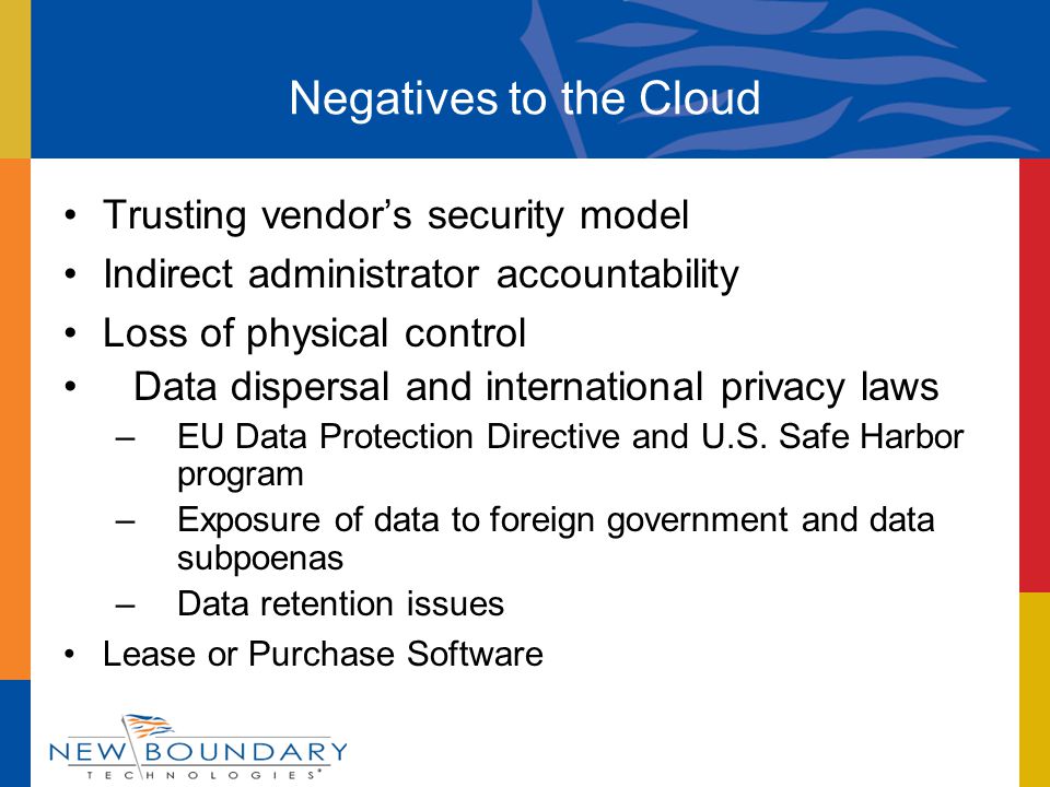 Trusting vendor’s security model Indirect administrator accountability Loss of physical control Data dispersal and international privacy laws –EU Data Protection Directive and U.S.