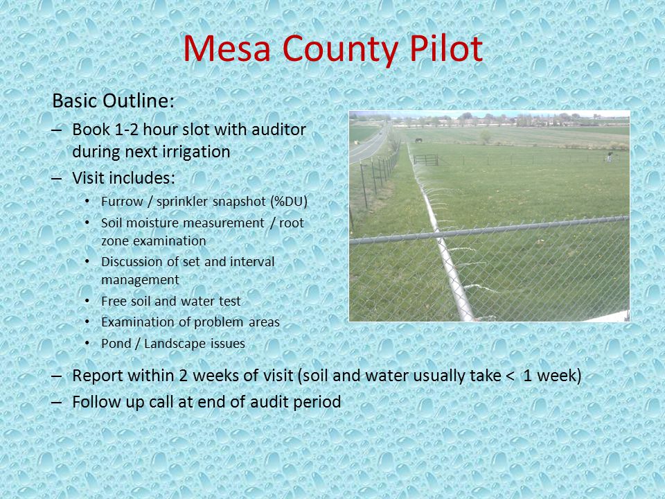 Mesa County Pilot Basic Outline: – Book 1-2 hour slot with auditor during next irrigation – Visit includes: Furrow / sprinkler snapshot (%DU) Soil moisture measurement / root zone examination Discussion of set and interval management Free soil and water test Examination of problem areas Pond / Landscape issues – Report within 2 weeks of visit (soil and water usually take < 1 week) – Follow up call at end of audit period