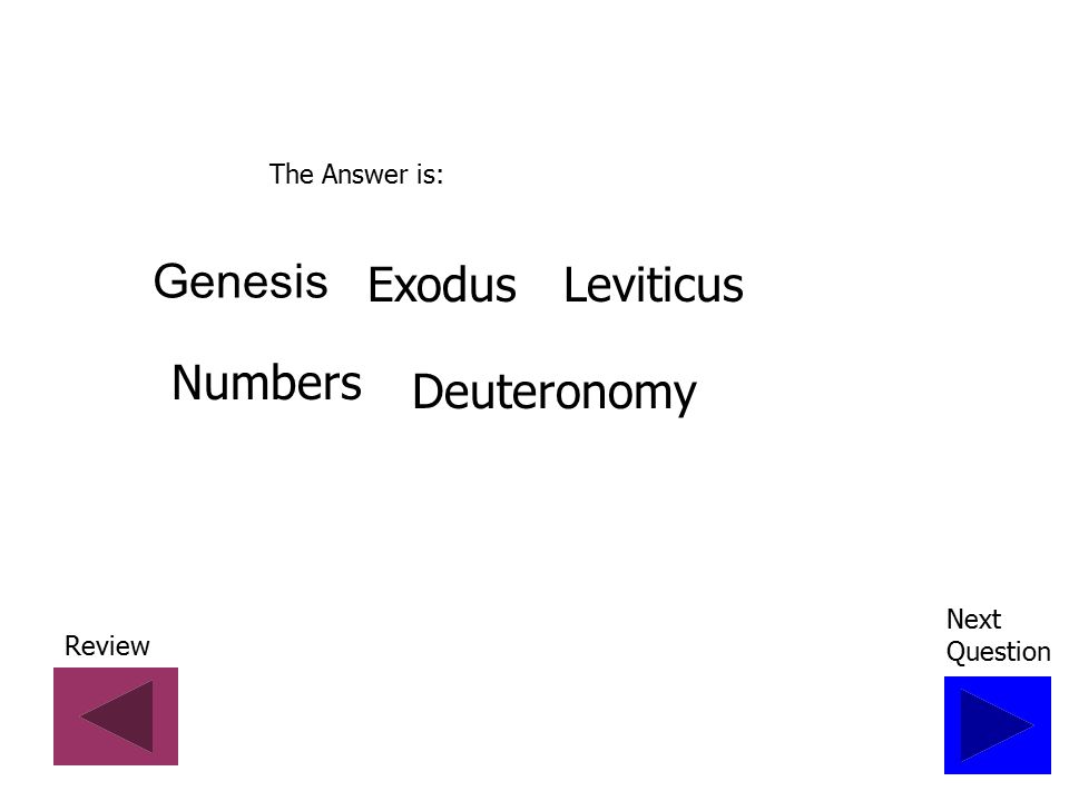 Question 4 Name the first five books in the Old Testament: Click for Answer Review