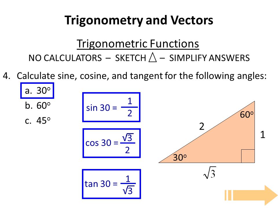 Trigonometry and Vectors Trigonometric Functions NO CALCULATORS – SKETCH – SIMPLIFY ANSWERS 4.Calculate sine, cosine, and tangent for the following angles: a.30 o b.60 o c.45 o o 60 o sin 30 = 1212 cos 30 = √3 2 tan 30 = 1 √3