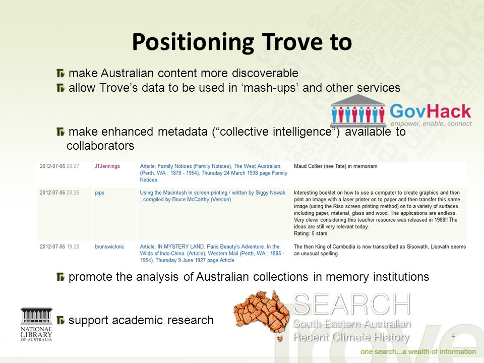 Positioning Trove to 4 make Australian content more discoverable allow Trove’s data to be used in ‘mash-ups’ and other services make enhanced metadata ( collective intelligence ) available to collaborators promote the analysis of Australian collections in memory institutions support academic research