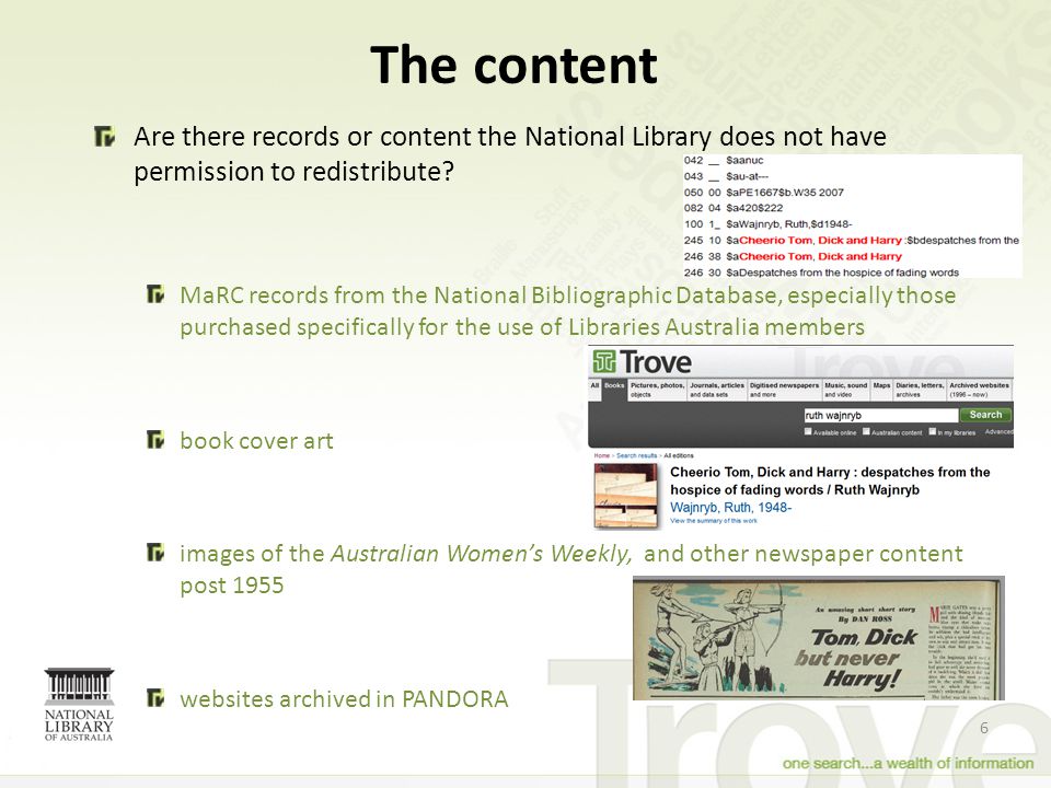 The content 6 Are there records or content the National Library does not have permission to redistribute.