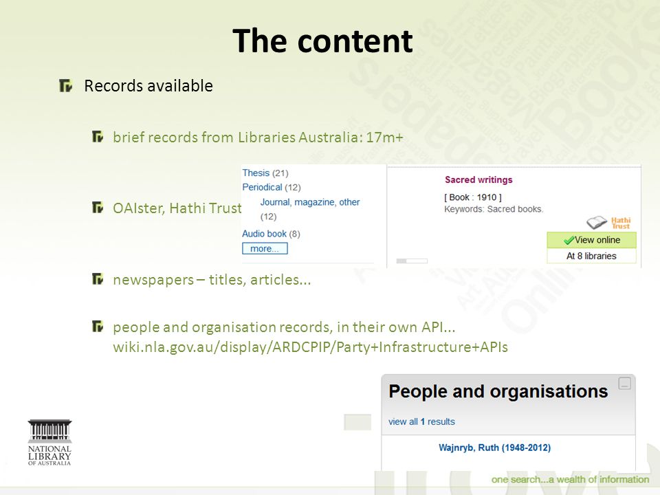 The content 7 Records available brief records from Libraries Australia: 17m+ OAIster, Hathi Trust newspapers – titles, articles...
