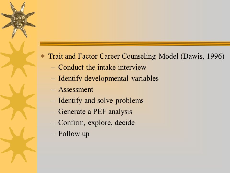  Trait and Factor Career Counseling Model (Dawis, 1996) –Conduct the intake interview –Identify developmental variables –Assessment –Identify and solve problems –Generate a PEF analysis –Confirm, explore, decide –Follow up