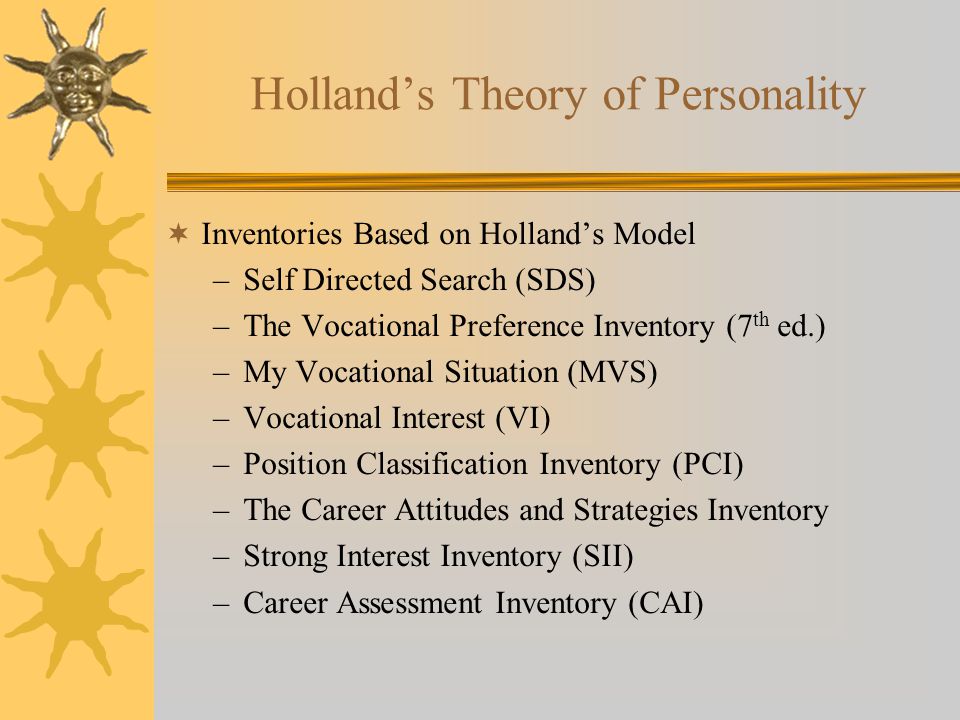 Holland’s Theory of Personality  Inventories Based on Holland’s Model –Self Directed Search (SDS) –The Vocational Preference Inventory (7 th ed.) –My Vocational Situation (MVS) –Vocational Interest (VI) –Position Classification Inventory (PCI) –The Career Attitudes and Strategies Inventory –Strong Interest Inventory (SII) –Career Assessment Inventory (CAI)