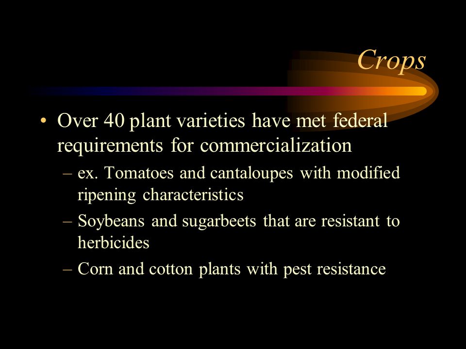 Crops Over 40 plant varieties have met federal requirements for commercialization –ex.
