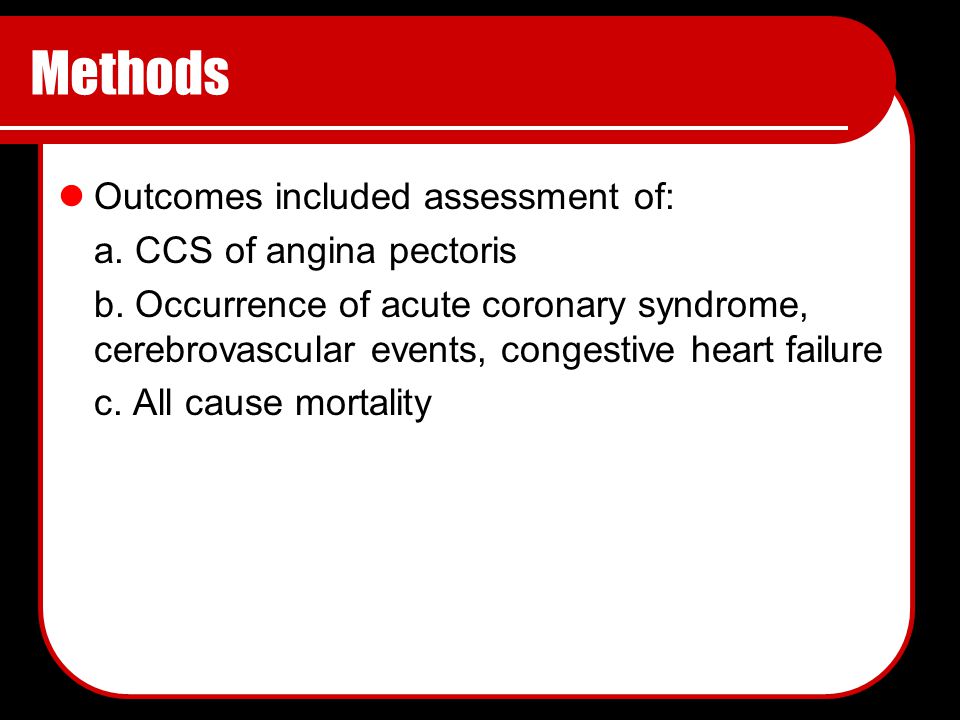 Methods Outcomes included assessment of: a. CCS of angina pectoris b.
