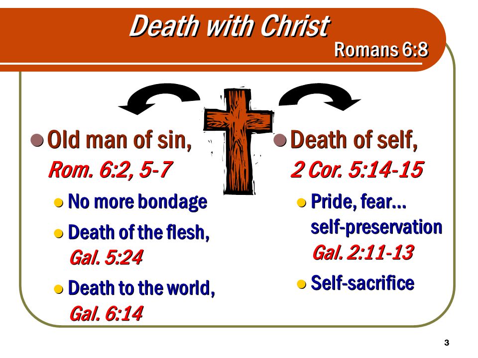 3 Old man of sin, Rom. 6:2, 5-7 No more bondage Death of the flesh, Gal.