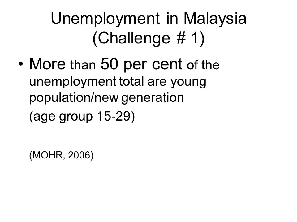 Unemployment in Malaysia (Challenge # 1) More than 50 per cent of the unemployment total are young population/new generation (age group 15-29) (MOHR, 2006)