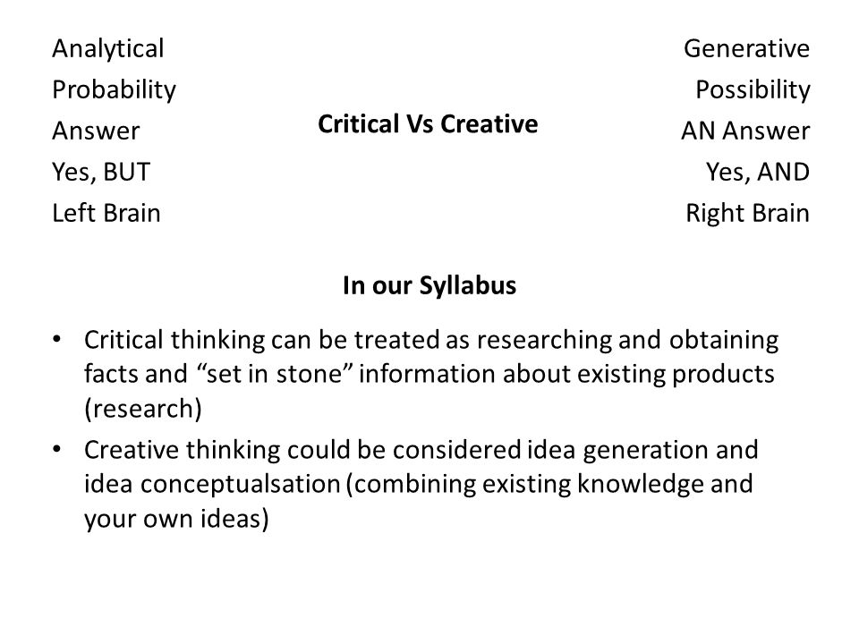 Critical Vs Creative Analytical Probability Answer Yes, BUT Left Brain Generative Possibility AN Answer Yes, AND Right Brain In our Syllabus Critical thinking can be treated as researching and obtaining facts and set in stone information about existing products (research) Creative thinking could be considered idea generation and idea conceptualsation (combining existing knowledge and your own ideas)