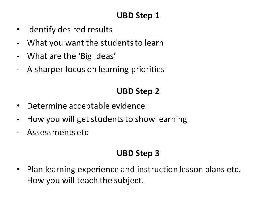 UBD Step 1 Identify desired results -What you want the students to learn -What are the ‘Big Ideas’ -A sharper focus on learning priorities UBD Step 2 Determine acceptable evidence -How you will get students to show learning -Assessments etc UBD Step 3 Plan learning experience and instruction lesson plans etc.