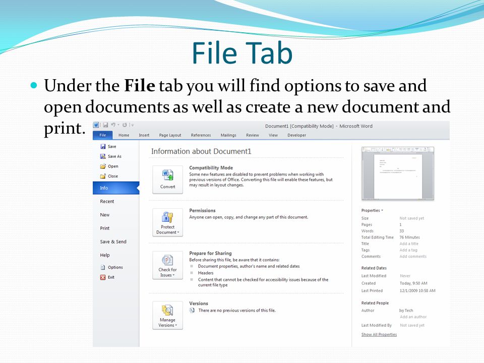 File Tab Under the File tab you will find options to save and open documents as well as create a new document and print.