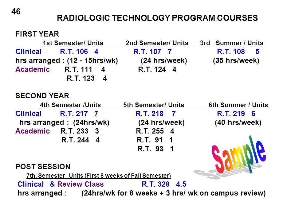 46 RADIOLOGIC TECHNOLOGY PROGRAM COURSES FIRST YEAR 1st Semester/ Units 2nd Semester/ Units 3rd Summer / Units Clinical R.T.