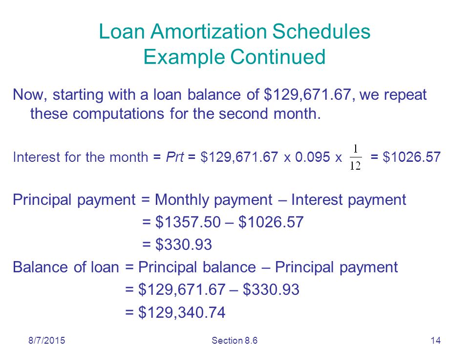 8/7/2015Section Now, starting with a loan balance of $129,671.67, we repeat these computations for the second month.