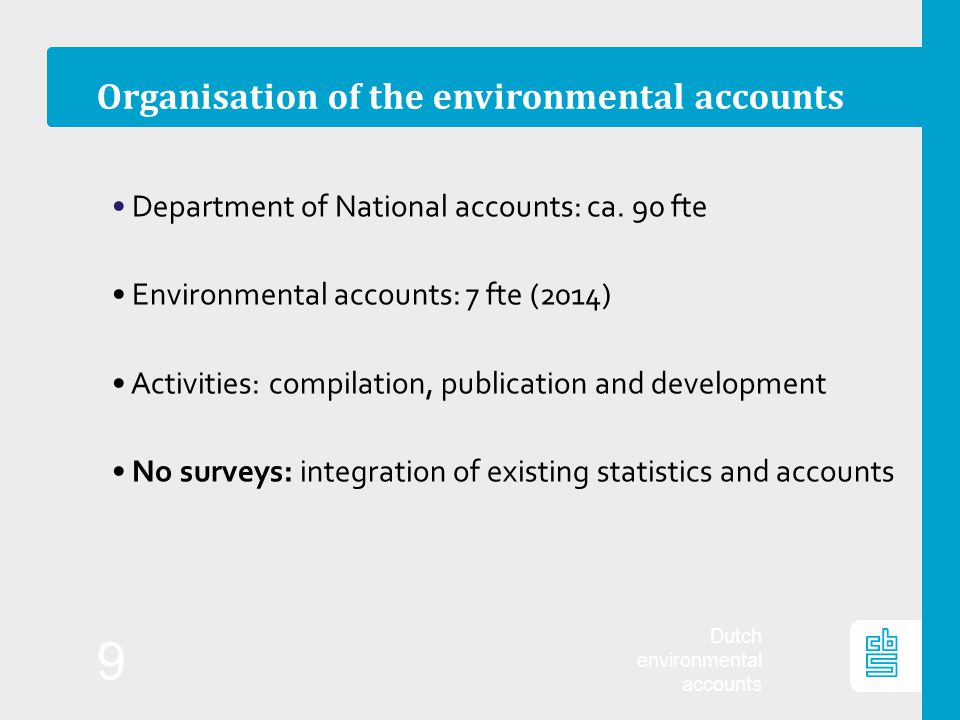 Dutch environmental accounts 9 Organisation of the environmental accounts Department of National accounts: ca.