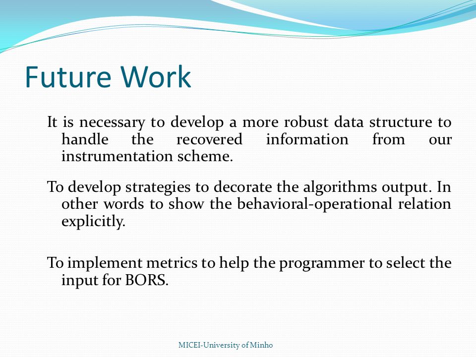 Future Work MICEI-University of Minho It is necessary to develop a more robust data structure to handle the recovered information from our instrumentation scheme.