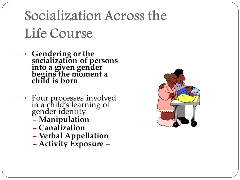 Socialization Across the Life Course Gendering or the socialization of persons into a given gender begins the moment a child is born Four processes involved in a child’s learning of gender identity – Manipulation – Canalization – Verbal Appellation – Activity Exposure –