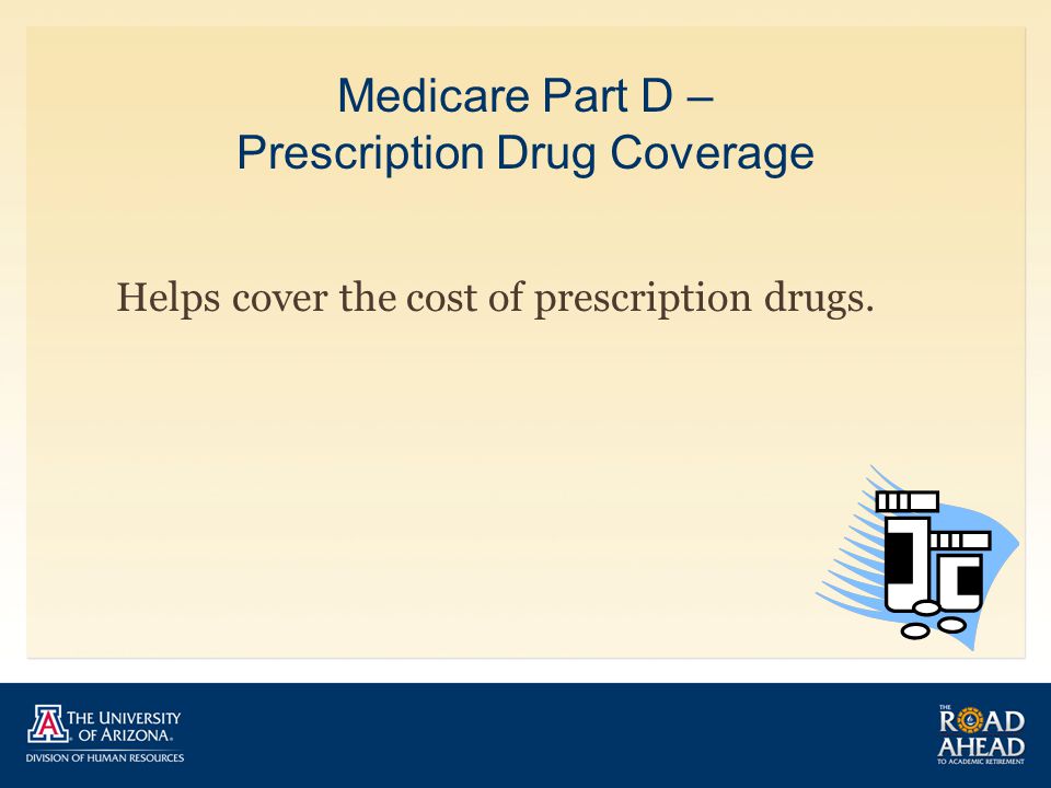 Medicare Part D – Prescription Drug Coverage Helps cover the cost of prescription drugs.