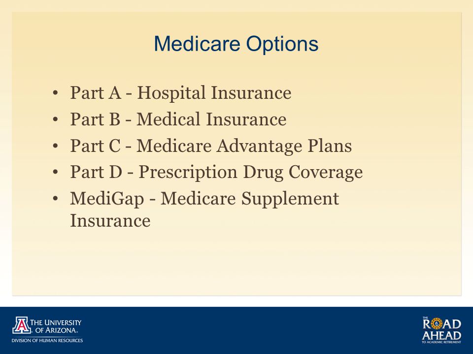 Medicare Options Part A - Hospital Insurance Part B - Medical Insurance Part C - Medicare Advantage Plans Part D - Prescription Drug Coverage MediGap - Medicare Supplement Insurance