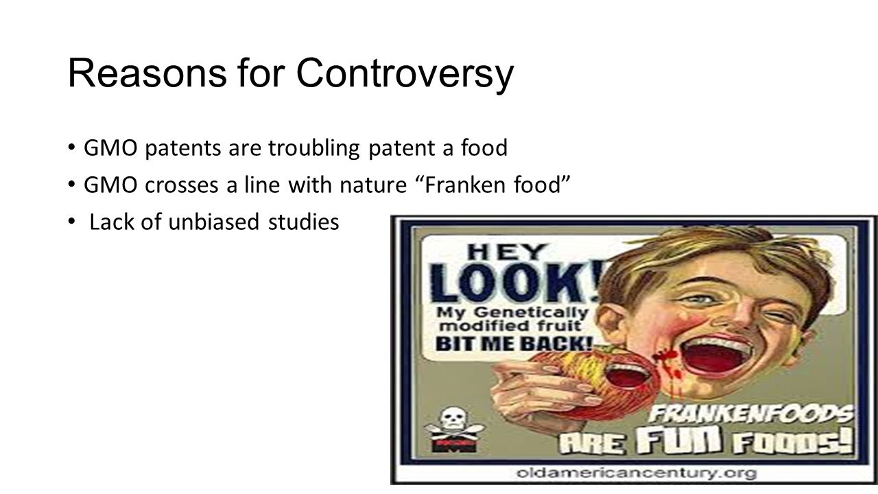 Reasons for Controversy GMO patents are troubling patent a food GMO crosses a line with nature Franken food Lack of unbiased studies