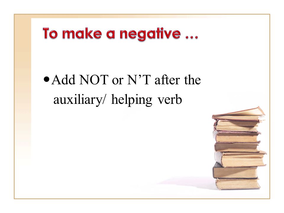 Add NOT or N’T after the auxiliary/ helping verb