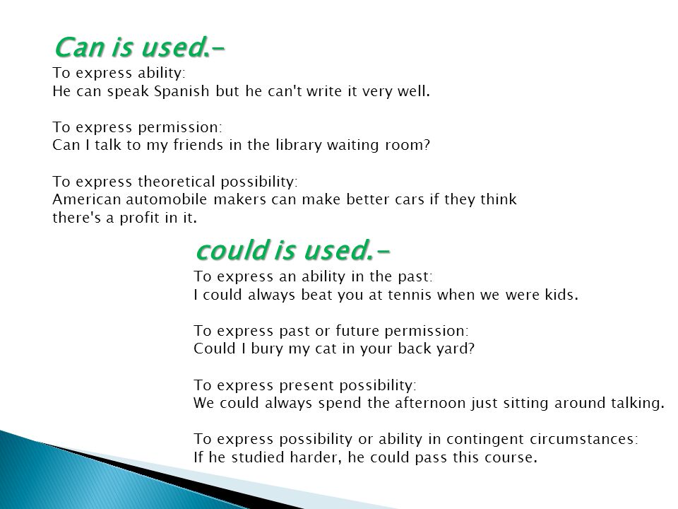 Can is used.- To express ability: He can speak Spanish but he can t write it very well.