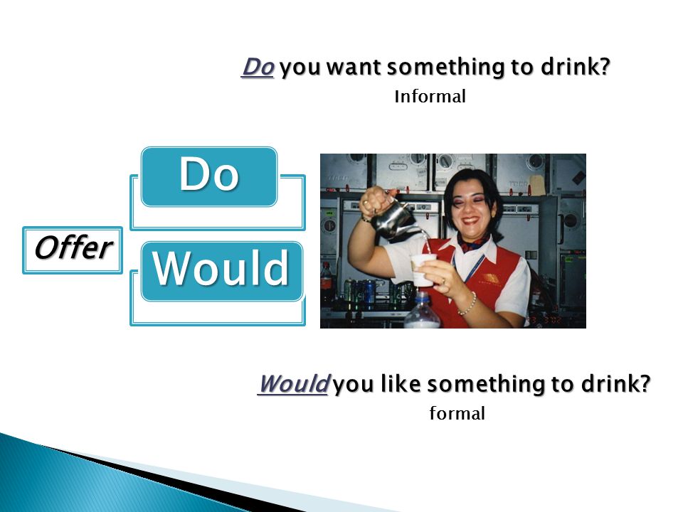 Do Would Do you want something to drink Would you like something to drink Informal formal Offer