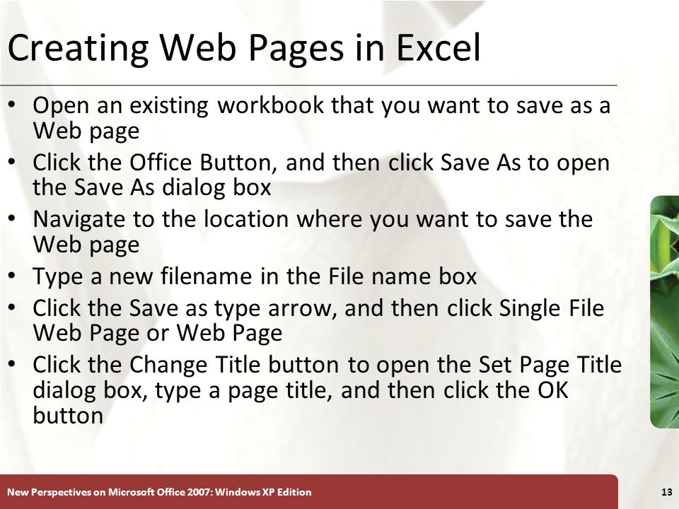 XP New Perspectives on Microsoft Office 2007: Windows XP Edition13 Creating Web Pages in Excel Open an existing workbook that you want to save as a Web page Click the Office Button, and then click Save As to open the Save As dialog box Navigate to the location where you want to save the Web page Type a new filename in the File name box Click the Save as type arrow, and then click Single File Web Page or Web Page Click the Change Title button to open the Set Page Title dialog box, type a page title, and then click the OK button