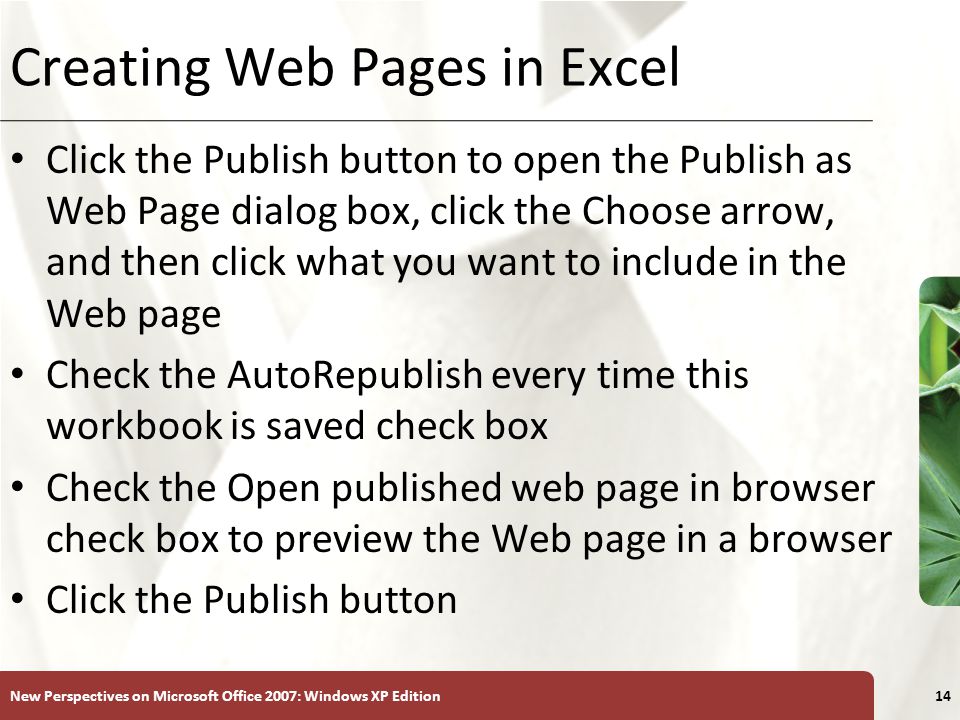 XP New Perspectives on Microsoft Office 2007: Windows XP Edition14 Creating Web Pages in Excel Click the Publish button to open the Publish as Web Page dialog box, click the Choose arrow, and then click what you want to include in the Web page Check the AutoRepublish every time this workbook is saved check box Check the Open published web page in browser check box to preview the Web page in a browser Click the Publish button