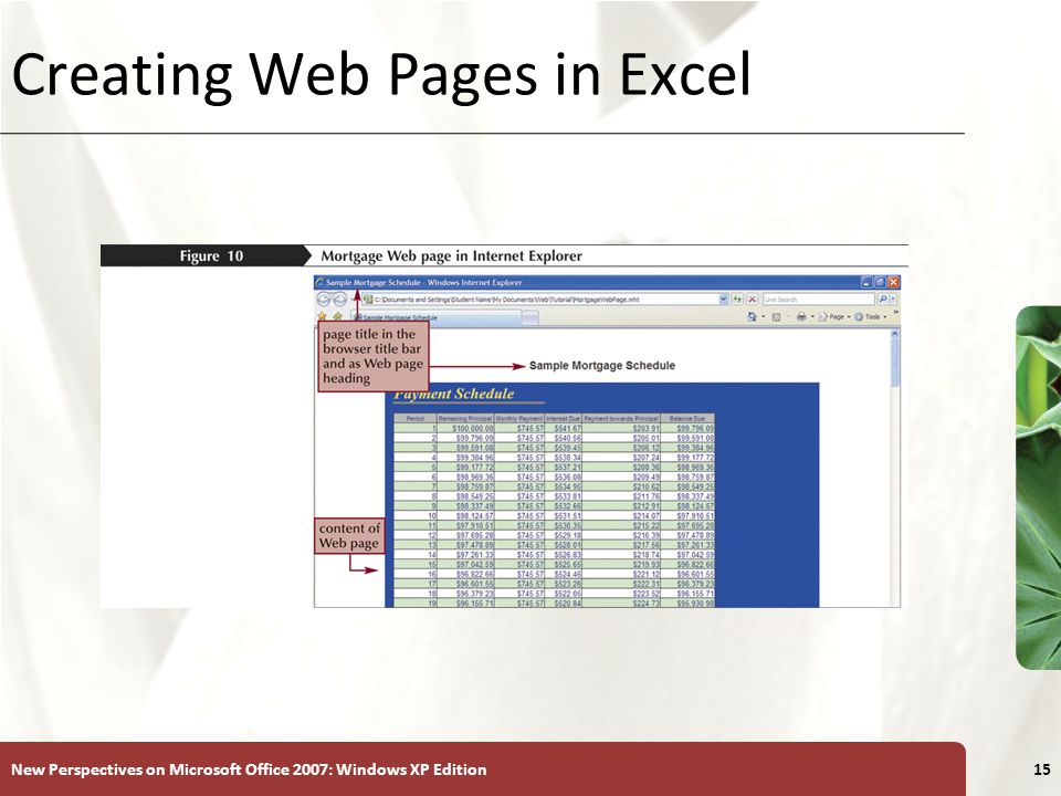 XP New Perspectives on Microsoft Office 2007: Windows XP Edition15 Creating Web Pages in Excel