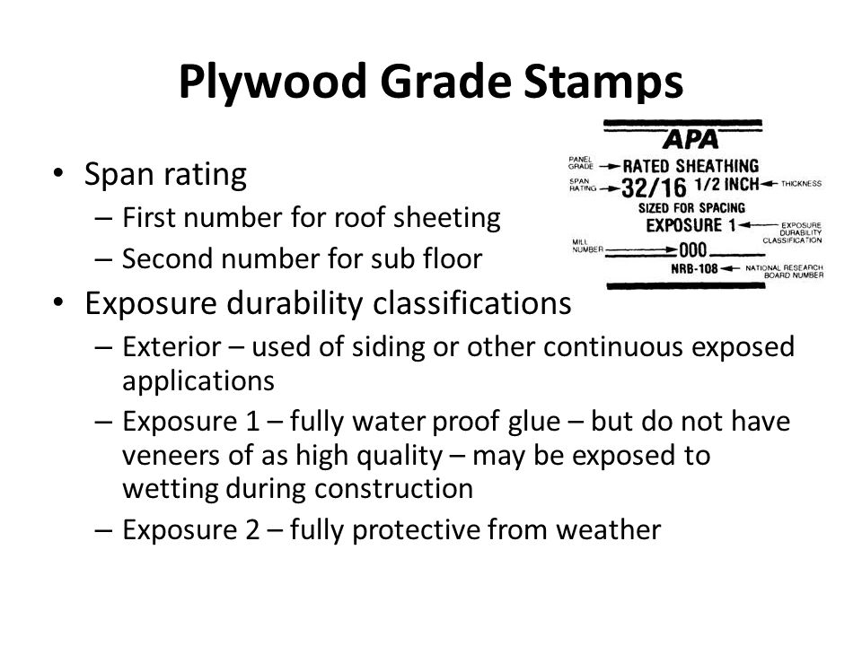 Plywood Grade Stamps Span rating – First number for roof sheeting – Second number for sub floor Exposure durability classifications – Exterior – used of siding or other continuous exposed applications – Exposure 1 – fully water proof glue – but do not have veneers of as high quality – may be exposed to wetting during construction – Exposure 2 – fully protective from weather