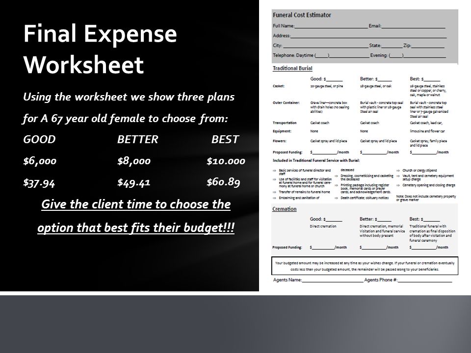 Using the worksheet we show three plans for A 67 year old female to choose from: GOODBETTER BEST $6,000$8,000 $ $37.94$49.41 $60.89 Give the client time to choose the option that best fits their budget!!.