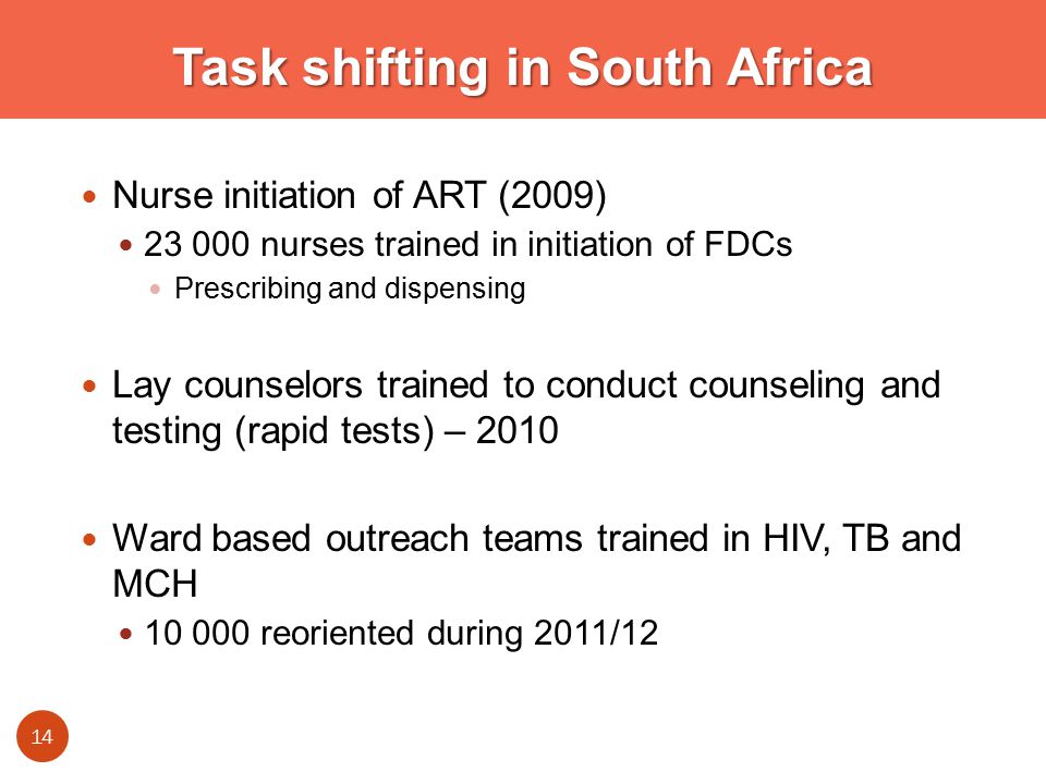 Task shifting in South Africa Nurse initiation of ART (2009) nurses trained in initiation of FDCs Prescribing and dispensing Lay counselors trained to conduct counseling and testing (rapid tests) – 2010 Ward based outreach teams trained in HIV, TB and MCH reoriented during 2011/12 14