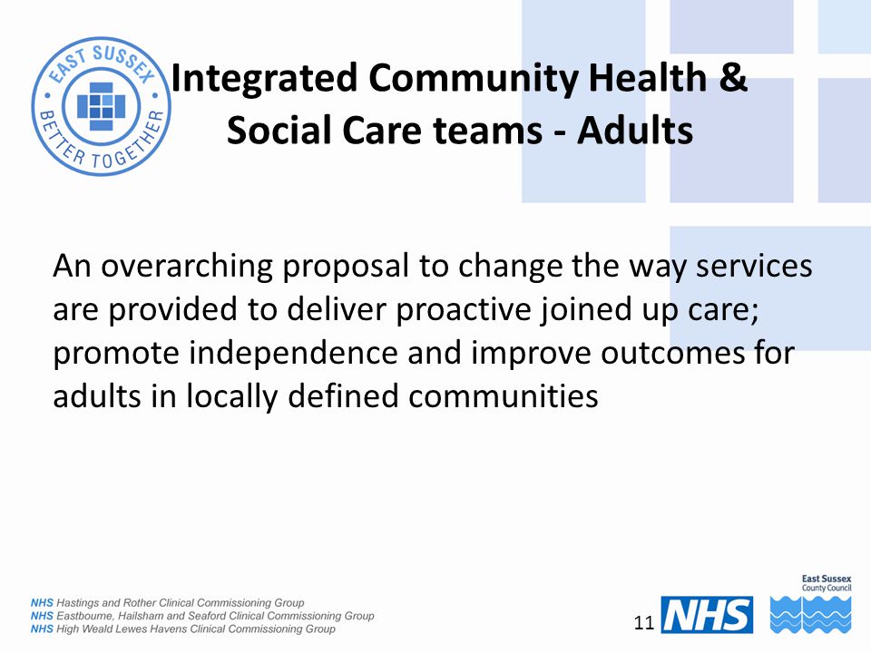 Integrated Community Health & Social Care teams - Adults An overarching proposal to change the way services are provided to deliver proactive joined up care; promote independence and improve outcomes for adults in locally defined communities 11