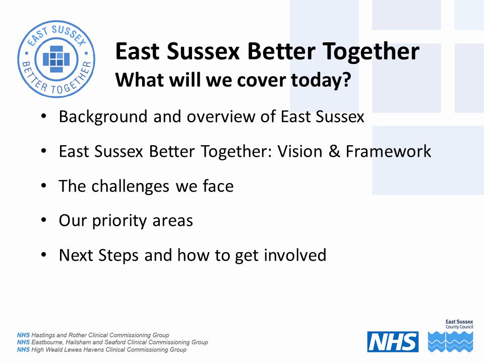 East Sussex Better Together What will we cover today.