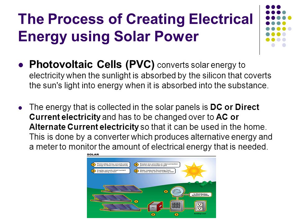 The Process of Creating Electrical Energy using Solar Power Photovoltaic Cells (PVC) converts solar energy to electricity when the sunlight is absorbed by the silicon that coverts the sun s light into energy when it is absorbed into the substance.