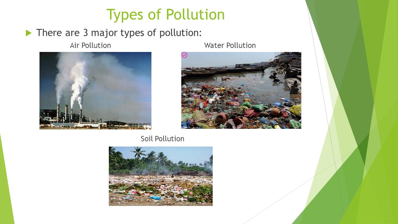 Types of Pollution  There are 3 major types of pollution: Air PollutionWater Pollution Soil Pollution