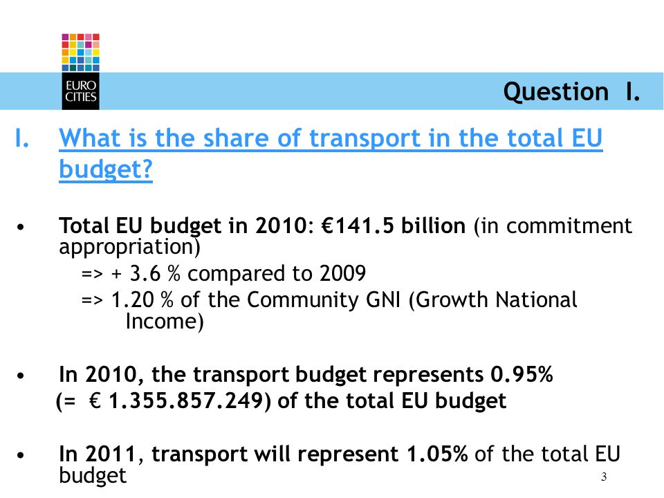 3 Question I. I.What is the share of transport in the total EU budget.