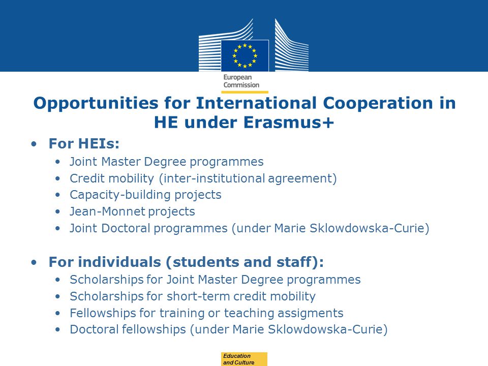 Opportunities for International Cooperation in HE under Erasmus+ For HEIs: Joint Master Degree programmes Credit mobility (inter-institutional agreement) Capacity-building projects Jean-Monnet projects Joint Doctoral programmes (under Marie Sklowdowska-Curie) For individuals (students and staff): Scholarships for Joint Master Degree programmes Scholarships for short-term credit mobility Fellowships for training or teaching assigments Doctoral fellowships (under Marie Sklowdowska-Curie) Education and Culture
