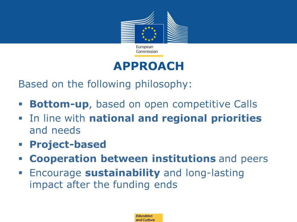 APPROACH Based on the following philosophy:  Bottom-up, based on open competitive Calls  In line with national and regional priorities and needs  Project-based  Cooperation between institutions and peers  Encourage sustainability and long-lasting impact after the funding ends Education and Culture