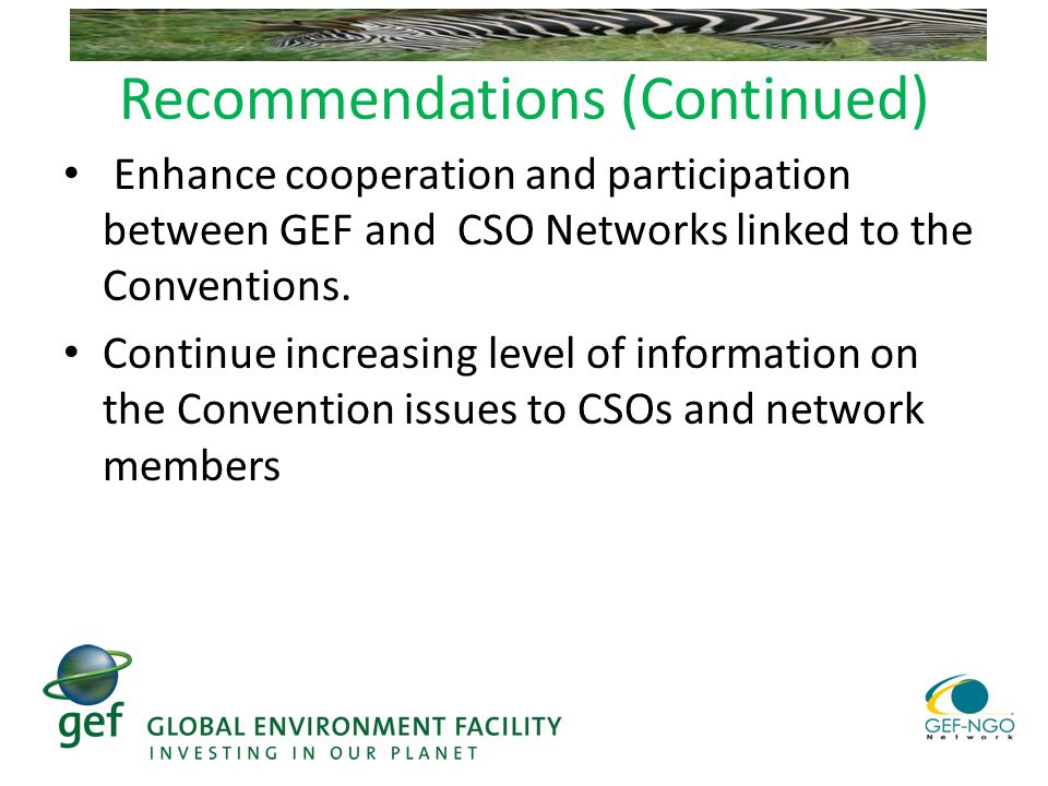 Recommendations (Continued) Enhance cooperation and participation between GEF and CSO Networks linked to the Conventions.