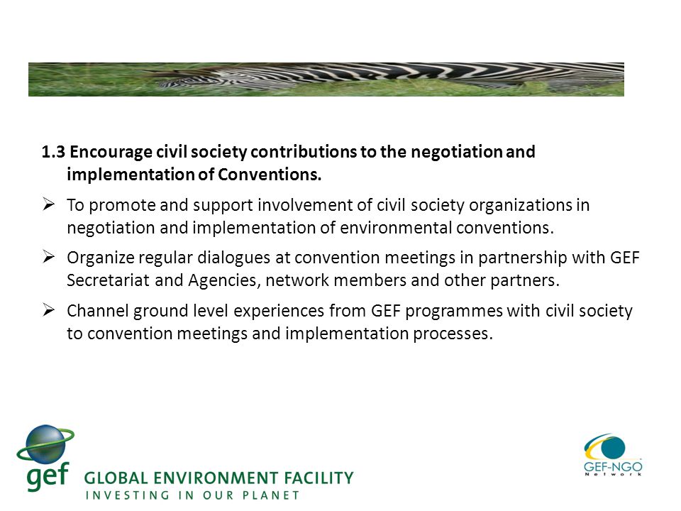 1.3 Encourage civil society contributions to the negotiation and implementation of Conventions.